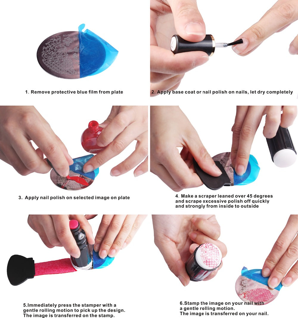 10 Pack: Manicure Nail Art Stamp Designs with Nail Stamper & Scraper