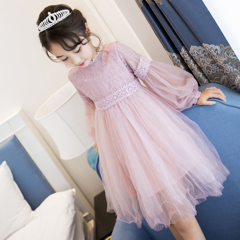New Dresses For Girls Cute Lace Solid Long Lantern Sleeve Children Dress O-Neck Ball Grown Party Princess Baby Kids Clothes