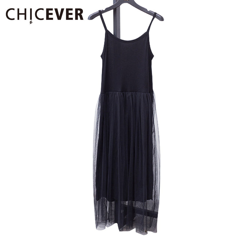 [CHICEVER]   Off Shoulder Summer Women Dress Female Loose Spaghetti Strap Mesh Ladies Party Dresses New Clothing