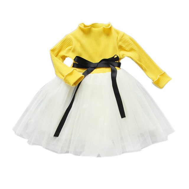 Baby Girl Bow Crochet Knit Dress Kids Long Sleeve Party Wedding Pageant Tulle Tutu Dresses