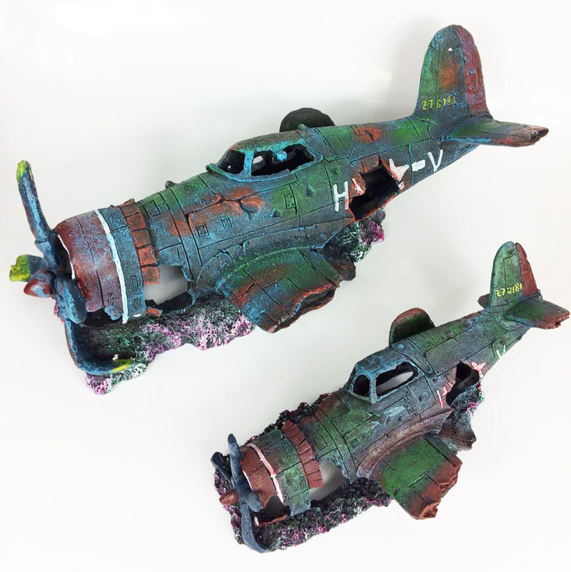 Resin Fish Tank Ornament Cave Aquarium Decoration Damaged Battleplane Fighter Plane