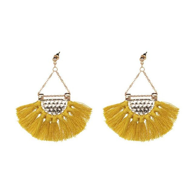 Fan shaped Cotton Tassels Bohemia Earrings For Women Ethnic Jewelry Big Dangle Earrings Handmade Fringe Pendientes