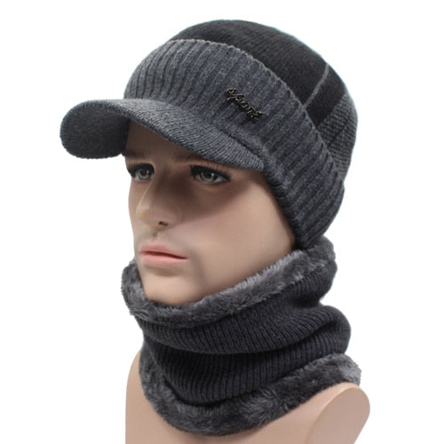 Winter Wool Knitted Hat with Brim (Option to Select Hat & Neck Warmer)