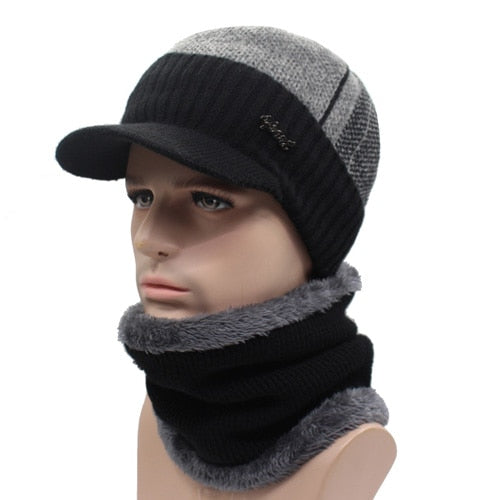 Winter Wool Knitted Hat with Brim (Option to Select Hat & Neck Warmer)