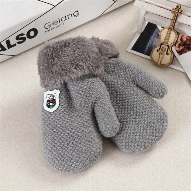 Children's Cotton Knitted Fur Cuffed Full Mittens