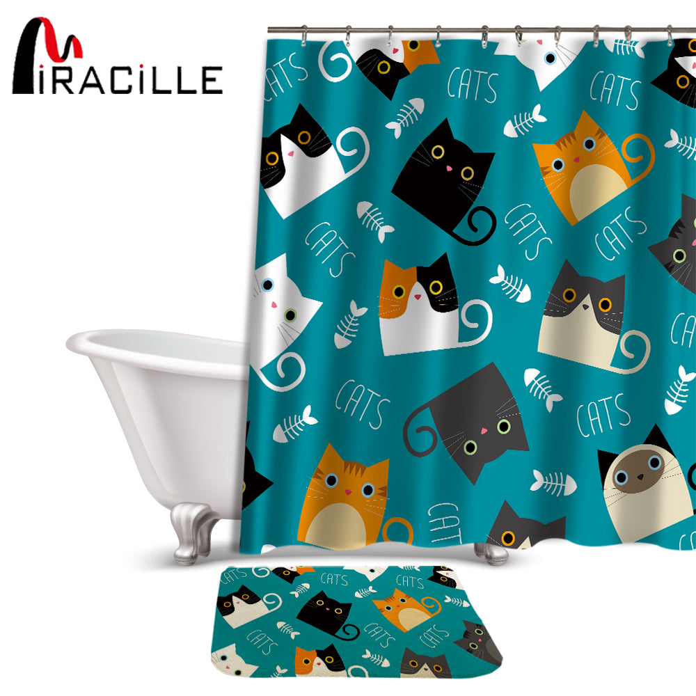 Miracille Cartoon Shower Curtain Set Cute Cat Printed Design Fabric Polyester Waterproof Home Bathroom Decor Curtains and Carpet