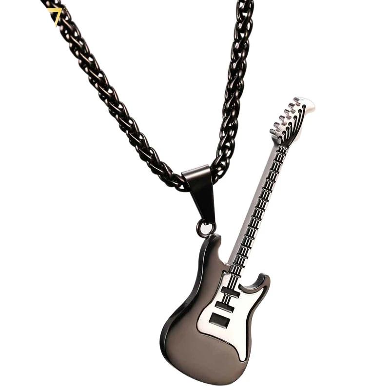 U7 Guitar Necklace For Men/Women Music Lover Gift Black/Gold Color Stainless Steel Pendant & Chain Hip Hop Rock Jewelry P810