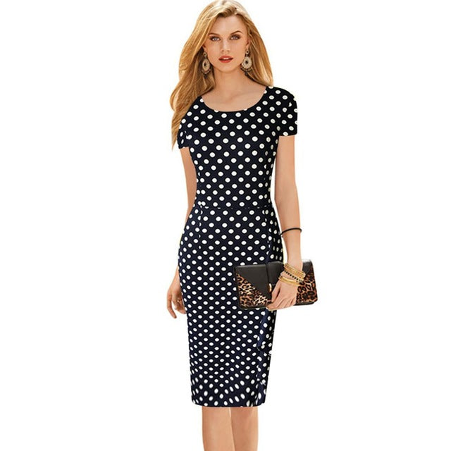 Oxiuly New Women Vintage Dot Print Short Sleeve O-Neck Stretchy Slimming Party Dress Vintage Knee-Length Dress Plus Size S-4XL