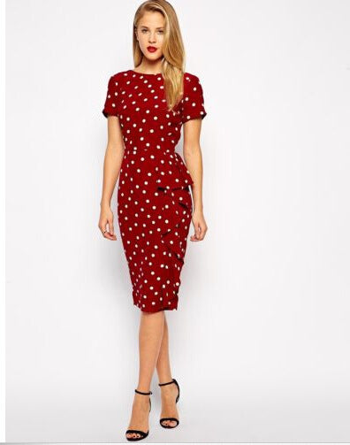 Oxiuly New Women Vintage Dot Print Short Sleeve O-Neck Stretchy Slimming Party Dress Vintage Knee-Length Dress Plus Size S-4XL