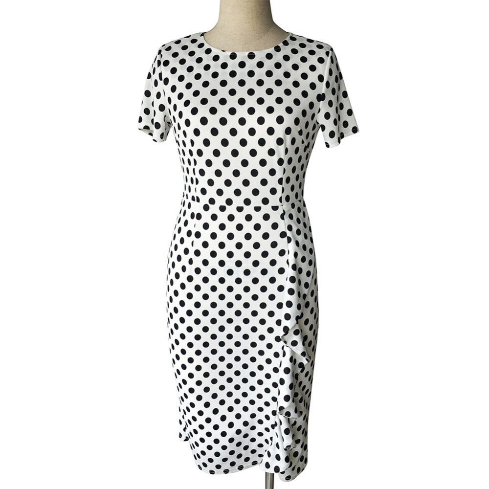 Oxiuly New Women Vintage Dot Print Short Sleeve O-Neck Stretchy Slimming Party Dress Vintage Knee-Length Dress Plus Size S-4XL