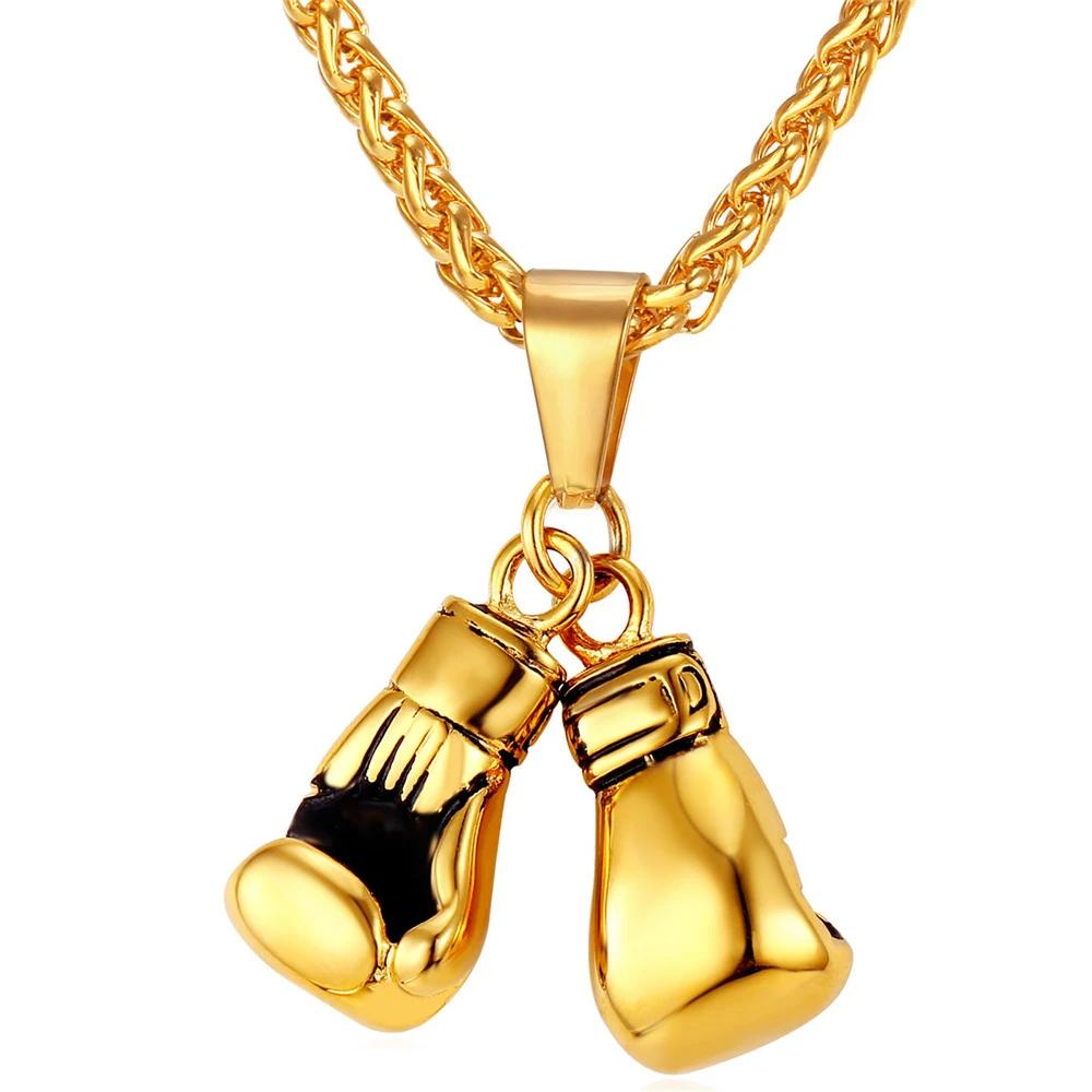 U7 Men Necklace Gold Color Stainless Steel Chain Pair Boxing Glove Pendant Charm Fashion Sport Fitness Jewelry