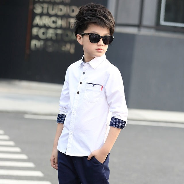 Boy's Cotton Long Sleeve Button Up Turn-Down Collar Shirt