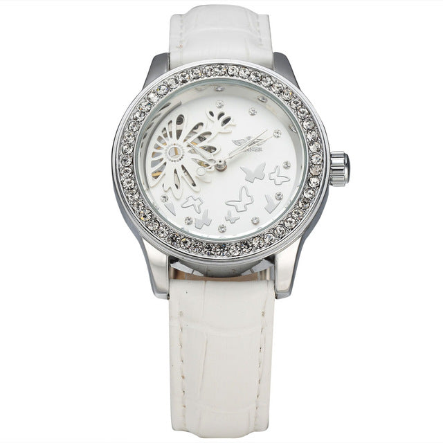 Luxury Brand WINNER Women Dress Watches Diamond Butterfly Flower Skeleton Dial Mechanical White Leather Band Ladies Wristwatches