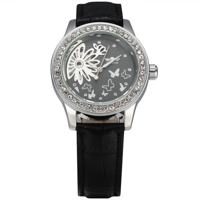 Luxury Brand WINNER Women Dress Watches Diamond Butterfly Flower Skeleton Dial Mechanical White Leather Band Ladies Wristwatches