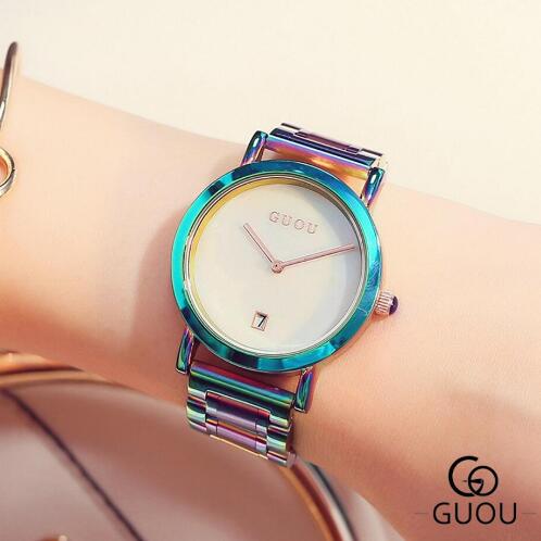 GUOU Watch Women Fashion Colorful Stainless Steel Ladies Watch Luxury Exquisite Women's Watches