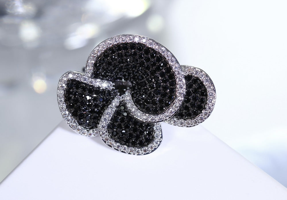 Best Buy Flower Black rings Setting with Black&white Color Cubic Zirconia Stone Special Design rings