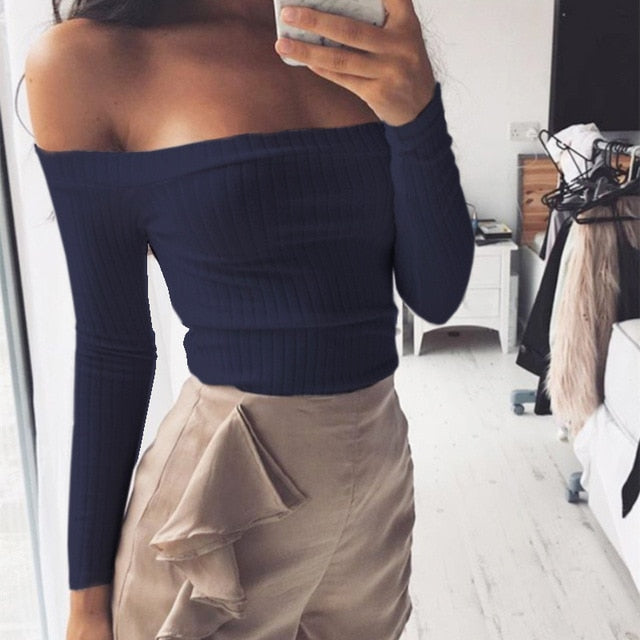 Autumn new   off shoulder crop top t shirts hot sale long sleeve solid short t-shirts for women clothing fashion slim t-shirt