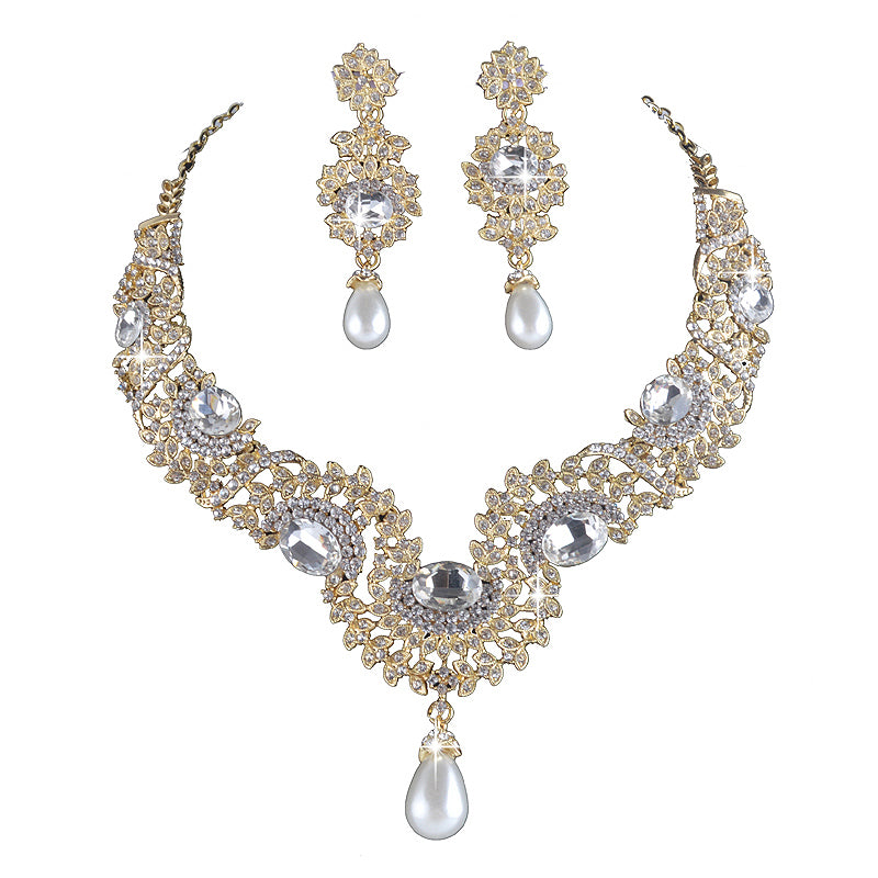 Gold Metal Plated necklace earrings Bridal Wedding jewelry sets Women Party crystal pearl fashion dress earrings set accessories