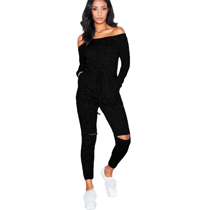 Women's Off Shoulder Long Sleeve Casual Knitted Jumpsuit