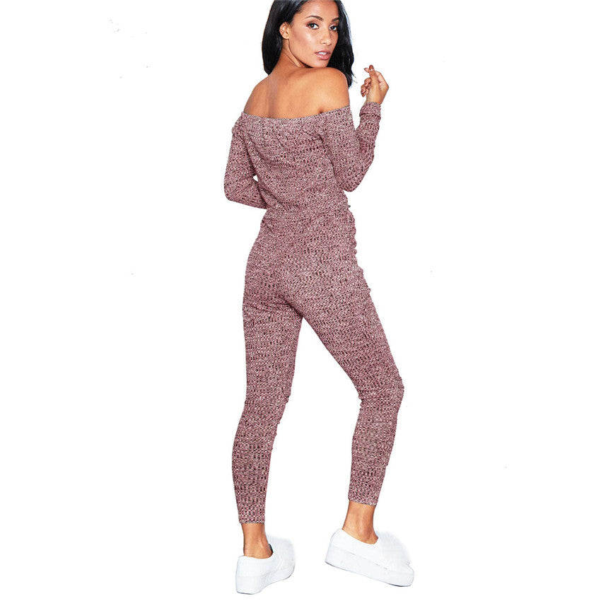 Women's Off Shoulder Long Sleeve Casual Knitted Jumpsuit