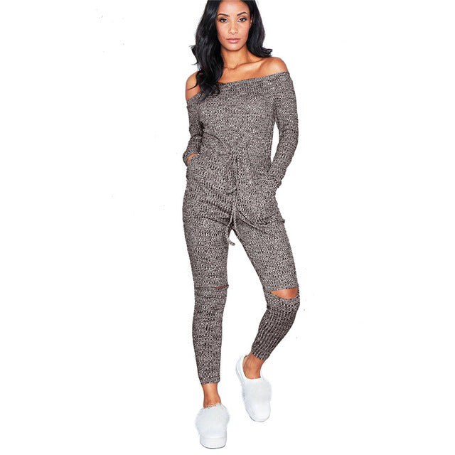 Women's Off Shoulder Long Sleeve Casual Knitted Jumpsuit