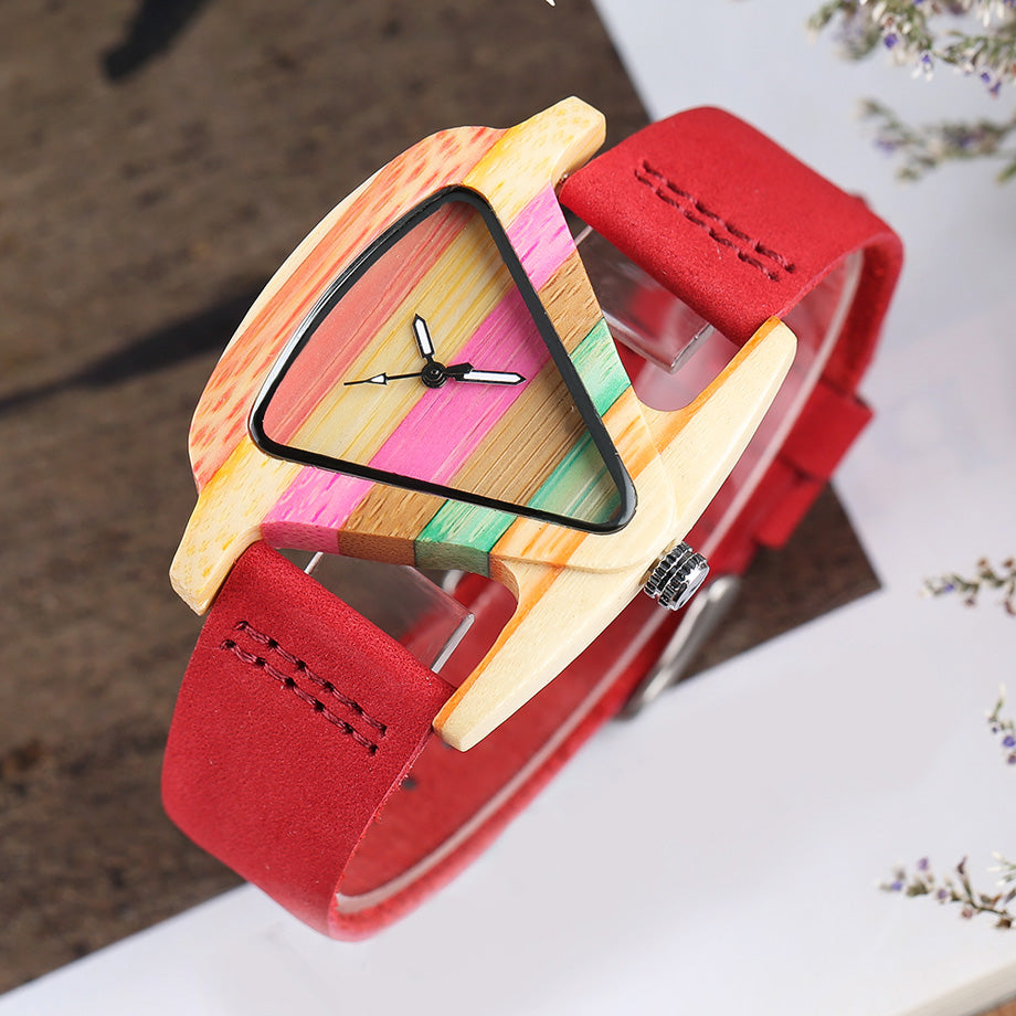 Women's Colorful Wooden Triangular Quartz Wristwatch