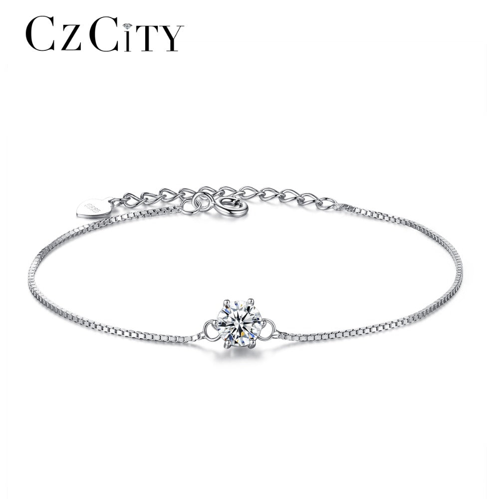 CZCITY 925 Sterling Silver Bracelet for Women Genuine 925 Silver Six Claws Classic Zircon Chain Bracelets Party Jewelry Gift