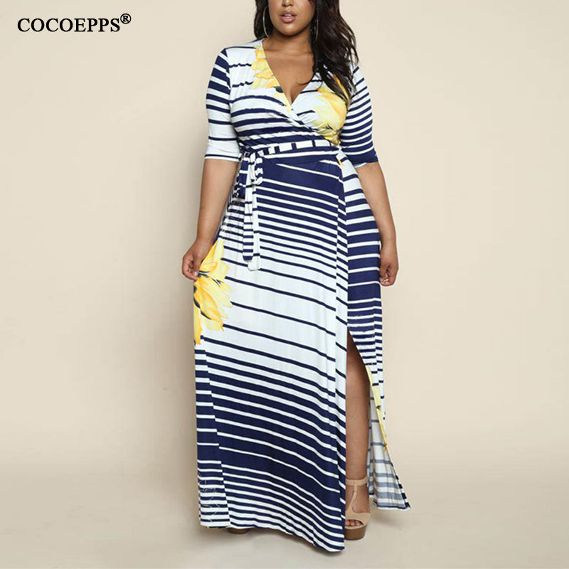 Spring boho Striped Plus Size Maxi Dress Long 5XL 6XL Big Size women clothing New   Large Size sashes Dress Robe Vestido