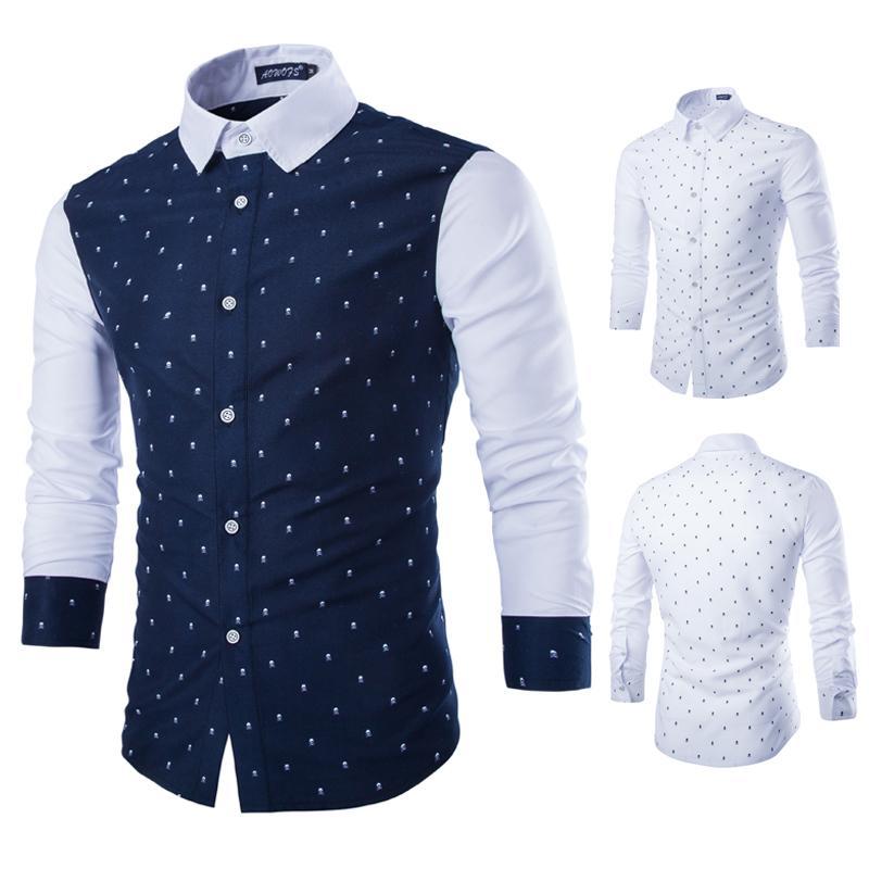 Men's Cotton Skull Print Slim Fit Long Sleeve Button Up Dress Shirt