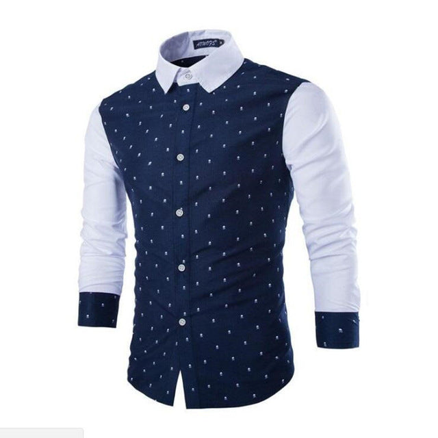 Men's Cotton Skull Print Slim Fit Long Sleeve Button Up Dress Shirt