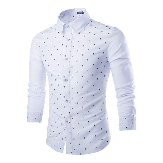 Men's Cotton Skull Print Slim Fit Long Sleeve Button Up Dress Shirt