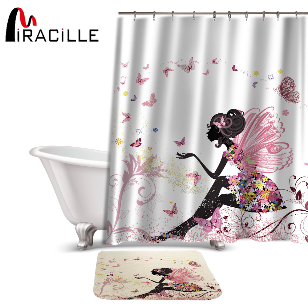 Miracille Beauty Fairy Pattern Shower Curtain Set Waterproof Polyester Fabric Bath Curtain For Bathroom With Non-slip Floor Mat