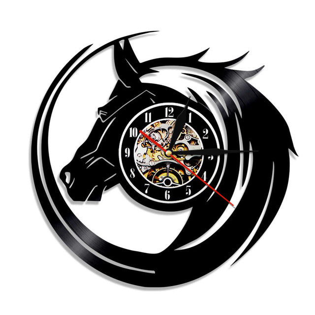 Modern Black Horse Wall Clock made from Vinyl Records