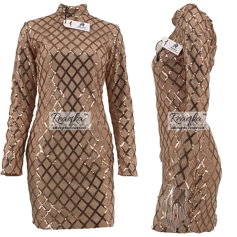 Autumn Winter Black Long Sleeve Sequins Dress   Bodycon Sheath Gold Pattern High Neck Party Dresses Nightclub Vestidos