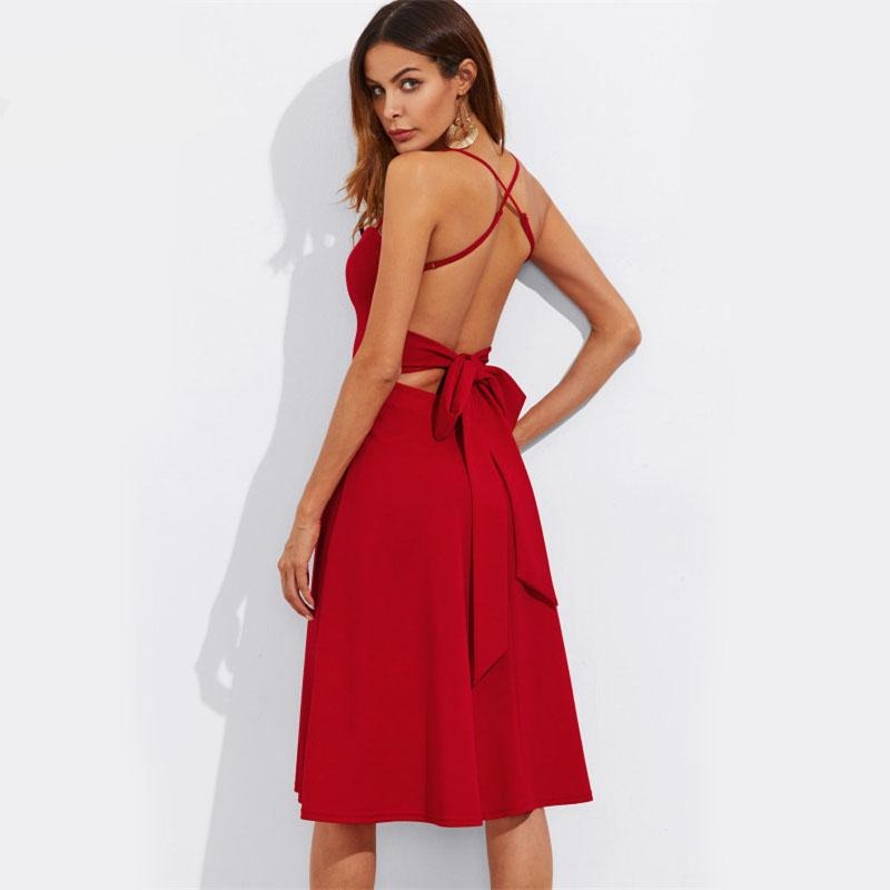 COLROVIE Crisscross Belted Back Cut Out Fitted & Flared Dress Red Spaghetti Strap Sleeveless   A Line Party Dress