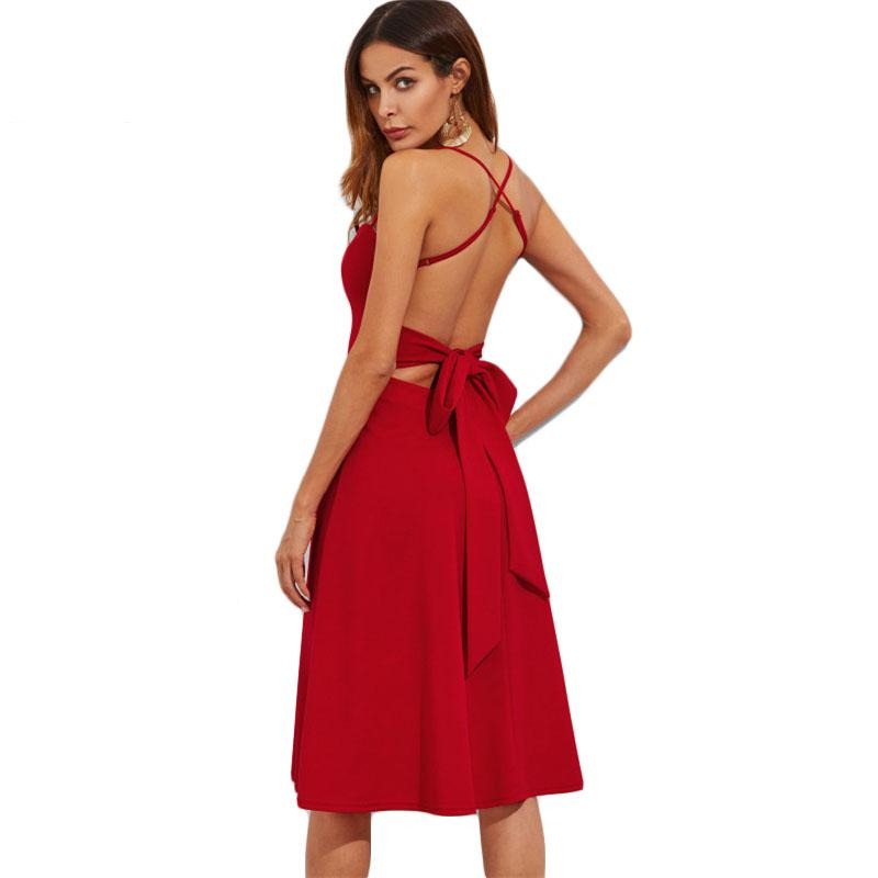 COLROVIE Crisscross Belted Back Cut Out Fitted & Flared Dress Red Spaghetti Strap Sleeveless   A Line Party Dress