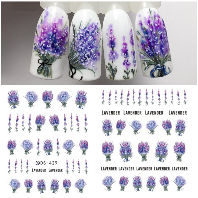 Lavender Flower Water Decals Nail Sticker Purple Blooming Flower Nail Art Decals Nail Art Transfer Sticker Water Slide 1 Sheet