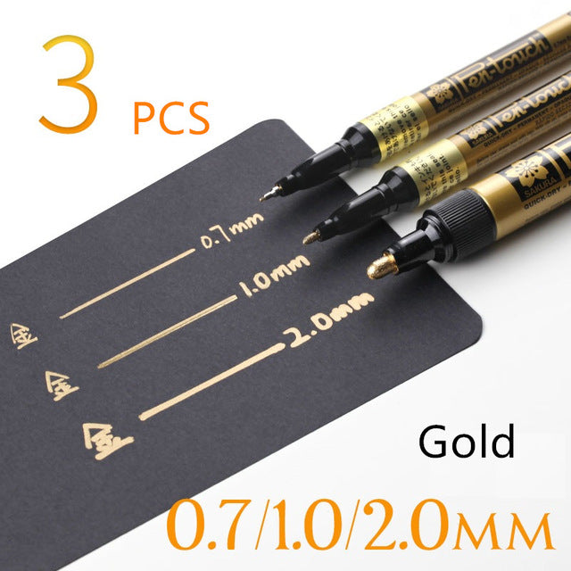 3 Piece: Permanent Metallic Marker Set - Gold, Silver, White