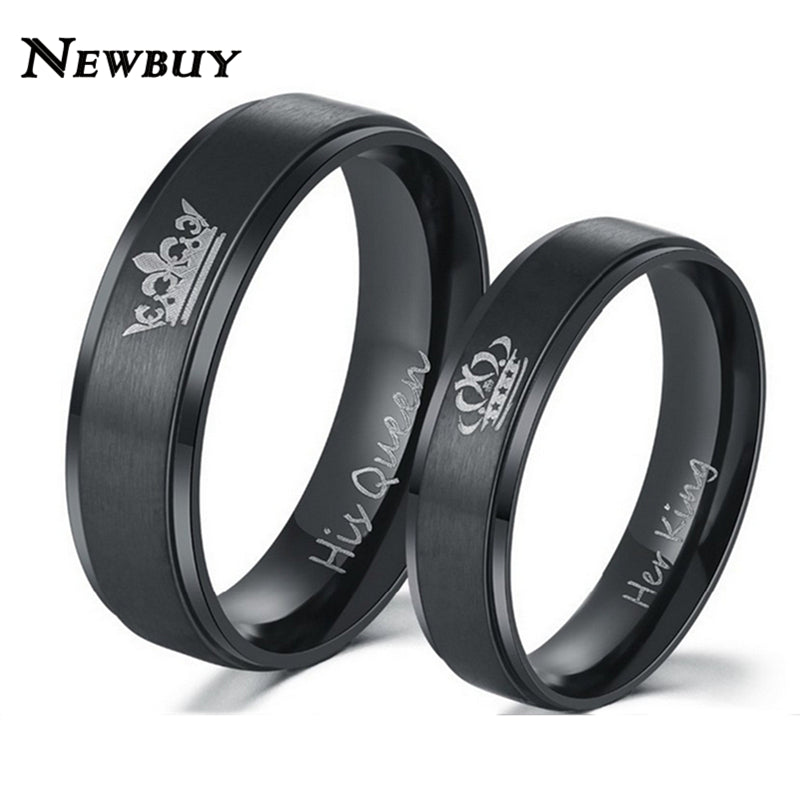 NEWBUY Fashion Couple Wedding Jewelry Black/Silver Color His Queen And Her King Stainless Steel Ring For Lovers