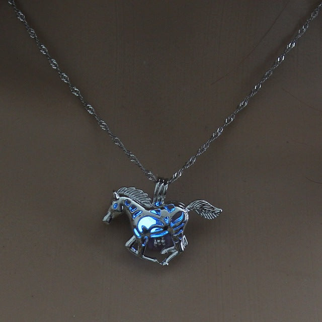 Running Horse Luminous Locket Pendant Necklace Glowing in the Dark Vintage Jewelry Necklace
