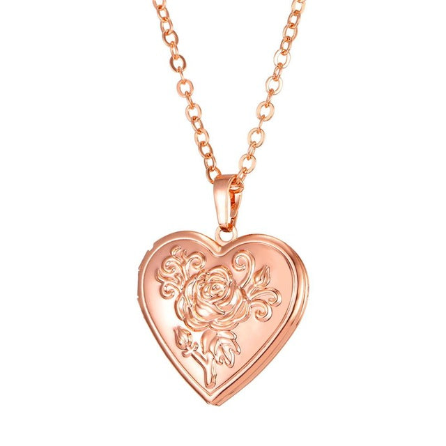 U7 Photo Frame Memory Locket Pendant Necklace Silver/Gold Color Romantic Love Heart Vintage Rose Flower Jewelry Women Gift P326