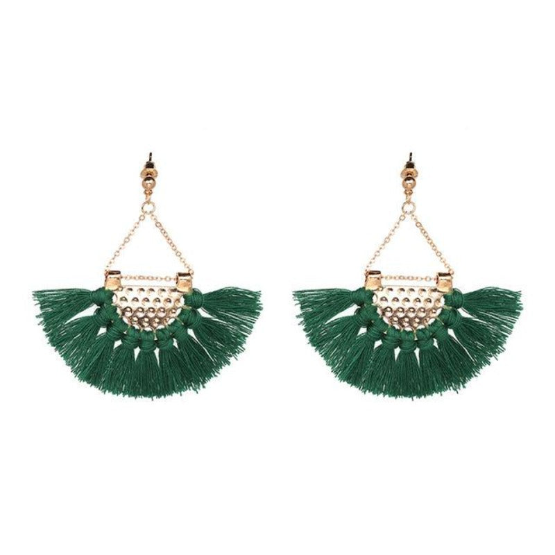 Fan shaped Cotton Tassels Bohemia Earrings For Women Ethnic Jewelry Big Dangle Earrings Handmade Fringe Pendientes