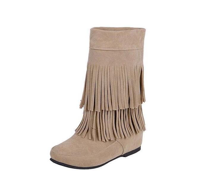 KMUYSL Autumn And Winter Women Tassel Boots Med Heel Shoes Keep Warm Ankle Snow Boots Slip On Height Increasing Shoes