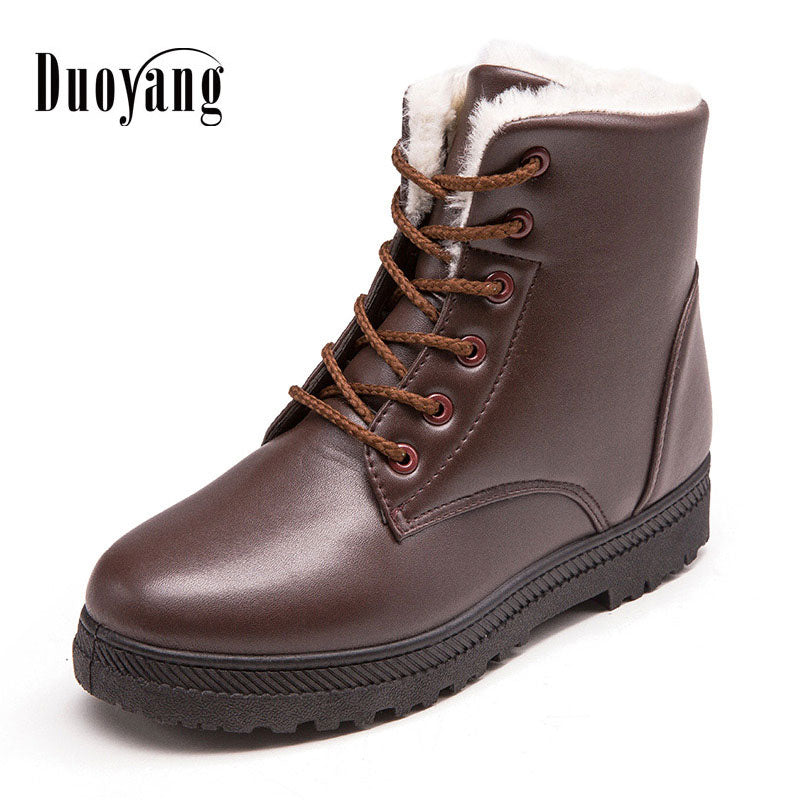 Women Winter Lace-Up Pu Leather Classic boot Shoes New Style Flat Casual Shoes snow Boots