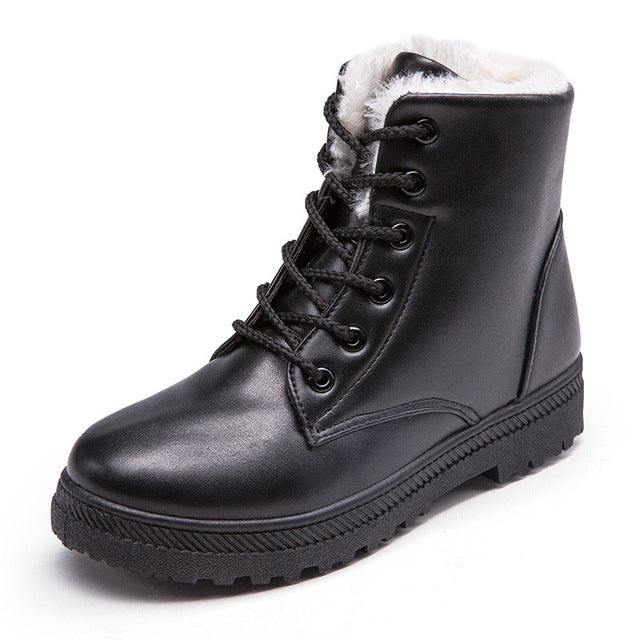 Women Winter Lace-Up Pu Leather Classic boot Shoes New Style Flat Casual Shoes snow Boots
