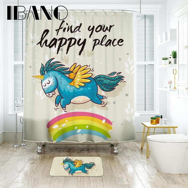 IBANO Find Your Happy Place Unicorn Shower Curtain Waterproof Polyester Fabric Bath Curtain For The Bathroom With 12 pcs Hooks