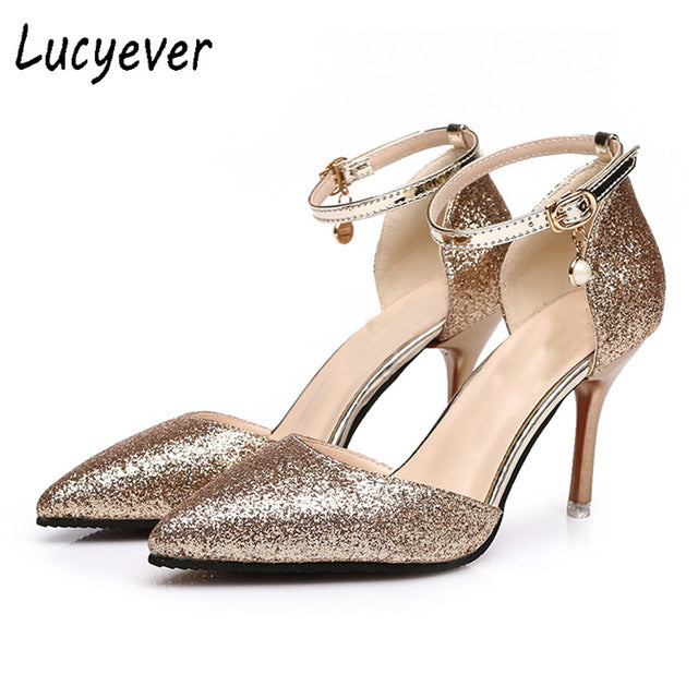 Lucyever Fashion Buckle Crystals Bling Pumps Women Elegant Thin High Heels Point toe Party Wedding Shoes Woman Glod Sliver Black