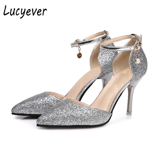 Lucyever Fashion Buckle Crystals Bling Pumps Women Elegant Thin High Heels Point toe Party Wedding Shoes Woman Glod Sliver Black