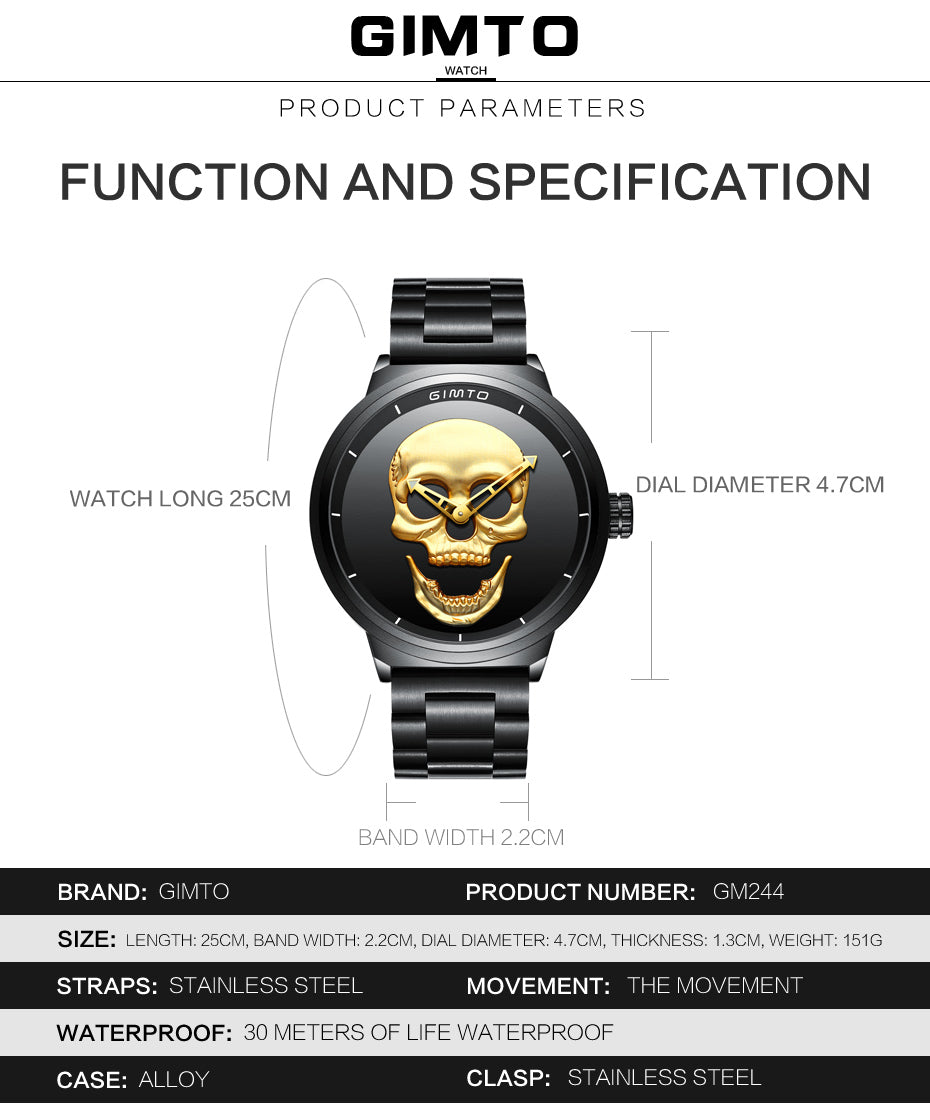 GIMTO Men watch Fashion luxury Waterproof Analog Military create skull Stainless Steel Male Relogio Masculino Quartz Wristwatch