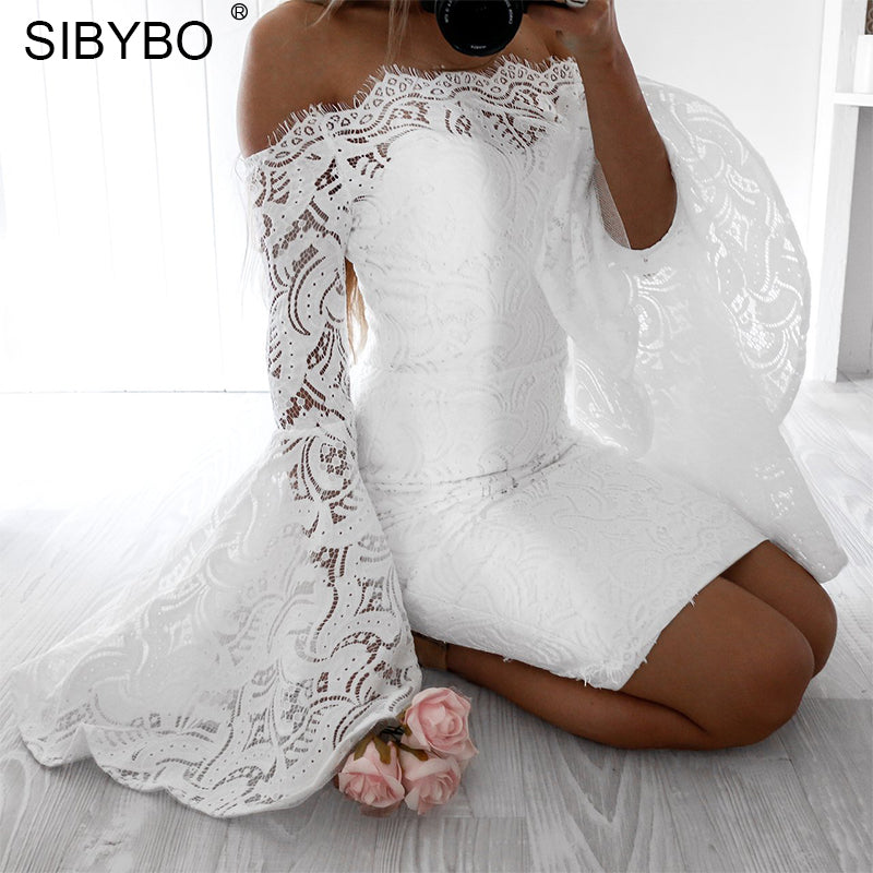 Sibybo Off Shoulder Flare Sleeve Lace Dress Women Slash Neck Long Sleeve Sheath Elegant Party Dress Cotton   Bodycon Dress
